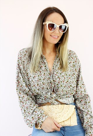 VINTAGE 80'S RETRO BEIGE FLORAL SHIRT BLOUSE