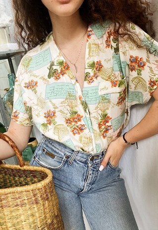 VINTAGE 80S TRAVEL POSTCARD PRINT HAUTE BOHEME BLOUSE TOP