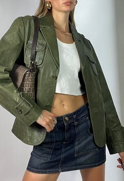 Vintage Y2k Green Leather Jacket Blazer Grunge