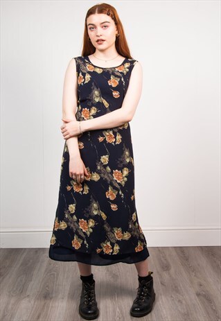 VINTAGE 90'S NAVY BLUE FLORAL PRINT MIDI DRESS