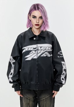 Faux leather racing jacket motorsport bomber motorcycle coat