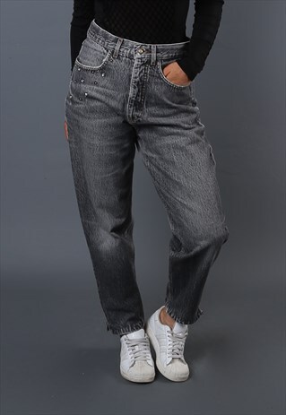 HIGH WAISTED DENIM JEANS TAPERED LEG UK 8 - 10 VINTAGE (L62Q
