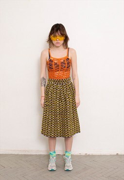 Vintage 90s High Waisted Midi Skirt A Line Yellow Brown 