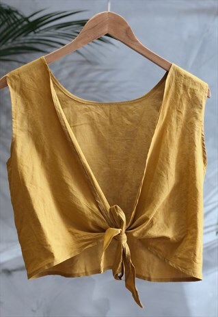 YELLOW OPEN TIE BACK CROPPED LINEN TOP