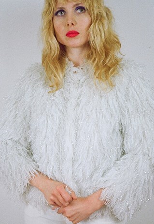 1970S VINTAGE FLUFFY WHITE AND SILVER JACKET