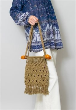 70's Vintage Macrame Wood Summer Bag Ladies Brown Beige