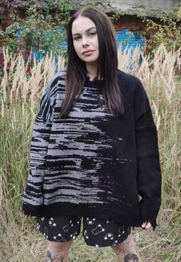 Ripped sweater contrast stitch stripe jumper in black grey