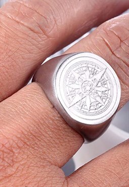 54 Floral Compass Face Band Signet Ring - Silver