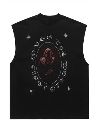 GOTHIC PRINT SLEEVELESS T-SHIRT CREEPY TANK TOP SURFER VEST