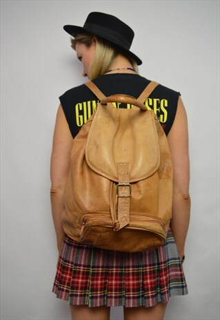 VINTAGE 90S LIGHT TAN BROWN LEATHER RUCKSACK BACKPACK GRUNGE