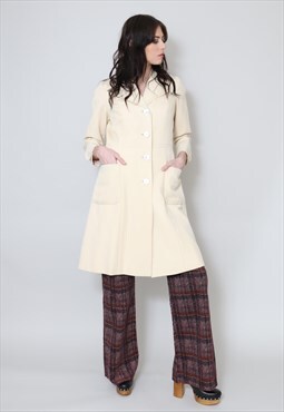 70's Vintage Ladies Coat Cream Wool Mac Trenchcoat