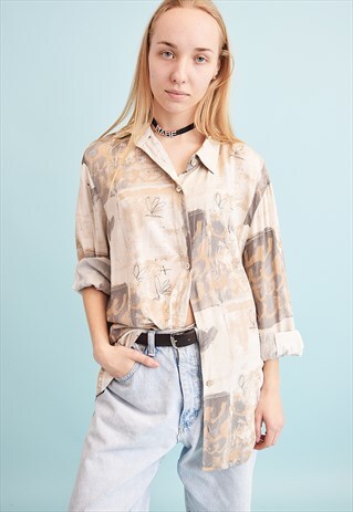 90'S RETRO NEUTRAL ABSTRACT PRINT OVERSIZED DADS SHIRT TOP
