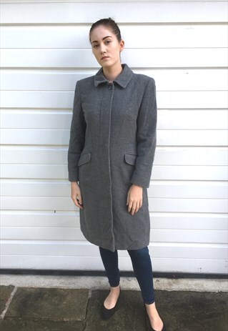 WOMENS GREY VINTAGE 80S COAT MIDI LENGTH MAC WOOL JACKET