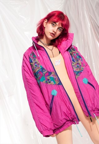 VINTAGE WINDBREAKER 90S PINK CRAZY PRINT PUFFER SKI JACKET
