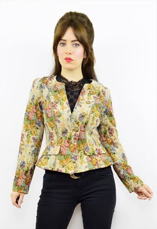 VINTAGE FLORAL TAPESTRY CROPPED PEPLUM JACKET