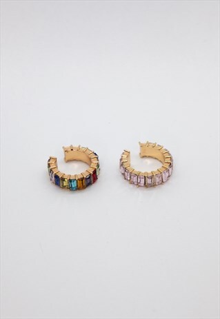 NO PIERCING MULTI COLOR CRYSTAL GOLD EAR CUFF SET