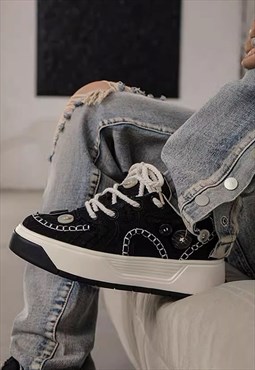 Denim sneakers edgy platform trainers retro jean shoes black