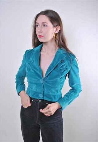 WOMAN VINTAGE GREEN VELVET CROPPED SUIT BLAZER, SIZE S
