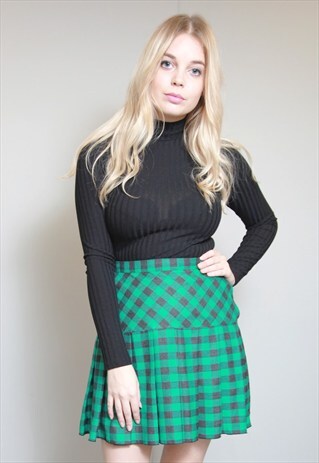 VINTAGE 1990'S GREY AND GREEN CHECKED WOOL MINI SKIRT