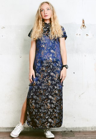VINTAGE CHINESE DRAGON PRINT SATIN MAXI DRESS
