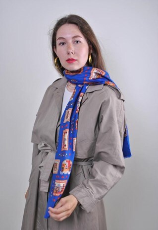 VINTAGE BLUE SCARF, CUTE ANIMALS PRINT WOMEN WRAP