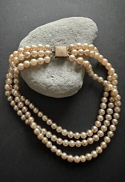 50's Cream Champagne Ladies 3 Tier Pearl Choker Necklace
