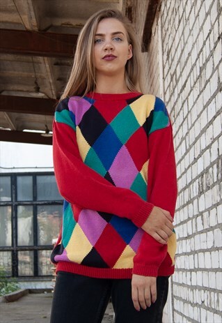 VINTAGE RETRO RED BLUE YELLOW OVERSIZED JUMPER