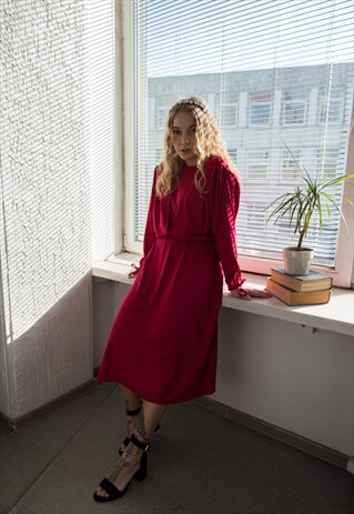 VINTAGE 80'S RED MIDI LONG SLEEVED TEXTURED DRESS