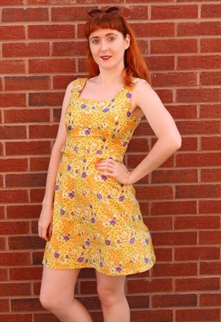 VINTAGE 70S YELLOW PURPLE FLORAL CAMI MINI SUMMER DRESS