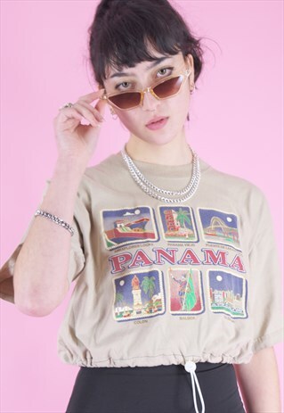 VINTAGE REWORKED CROP TOP IN BEIGE WITH PANAMA PRINT