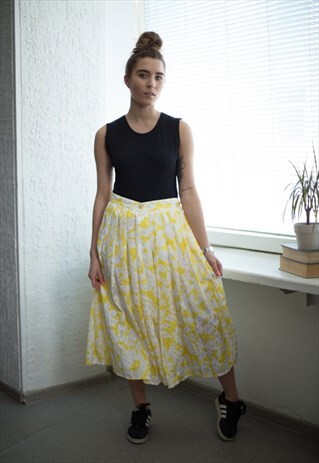 VINTAGE 80'S MIDI YELLOW/WHITE PLEATED SKIRT