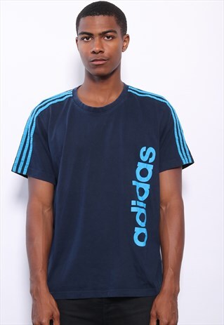 VINTAGE ADIDAS BIG LOGO THREE STRIPE T-SHIRT NAVY BLUE
