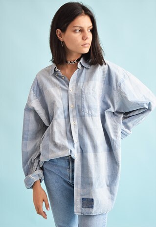 90'S RETRO FESTIVAL CHECKED PRINT OVERSIZED DADS SHIRT TOP