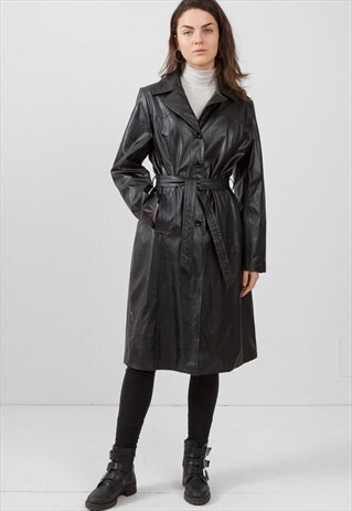 VINTAGE BLACK LEATHER TRENCH COAT