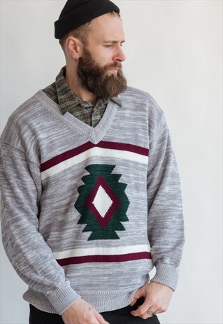 VINTAGE 80S GREY DEEP V-NECK JUMPER