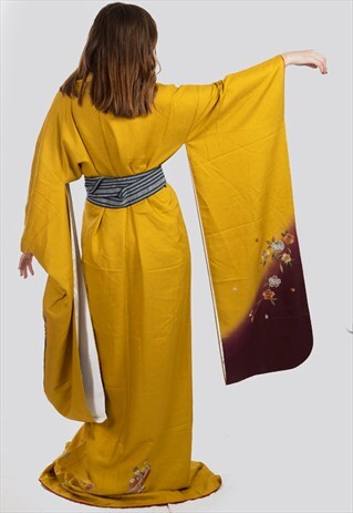VINTAGE JAPANESE KIMONO FURISODE BIWA MUSTARD