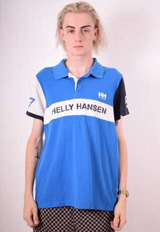 HELLY HANSEN MENS VINTAGE POLO SHIRT MEDIUM BLUE 90S