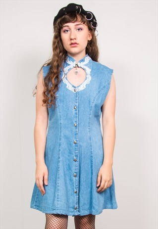 VINTAGE 90'S KEYHOLE LIGHT BLUE DENIM & LACE MINI DRESS