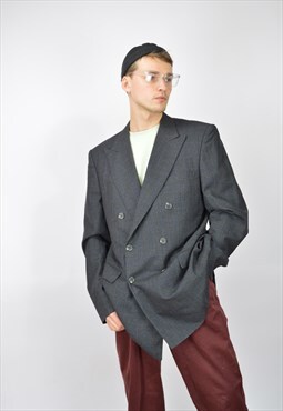 Vintage dark grey  checkered classic wool suit blazer