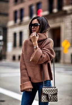 Brown Cowl Neck Crochet Sweater