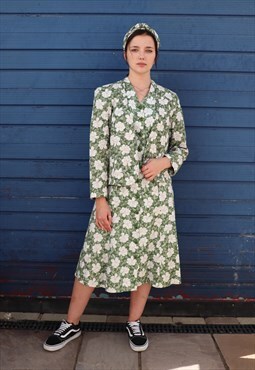 Vintage 1950s 50s Green Floral Flower Print Blazer Jacket 