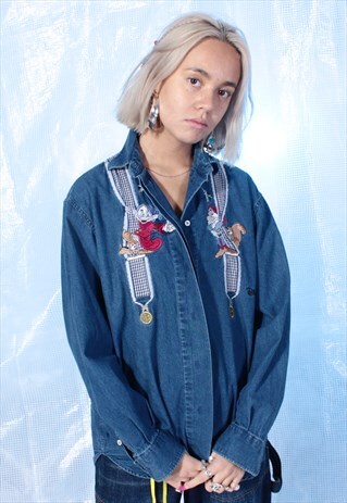 VINTAGE DISNEY BLUE DENIM EMBROIDERED SNOW WHITE SHIRT