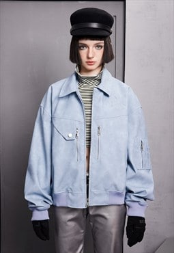 Faux leather varsity jacket PU college bomber in pastel blue