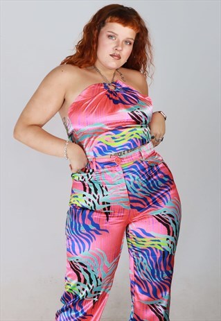 RED & BLUE TIGER PRINT SATIN HANKER CHIEF CHAIN HALTER NECK