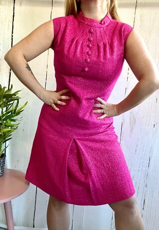 Vintage Bright Pink Glitter Shift Button 60's Mini Dress