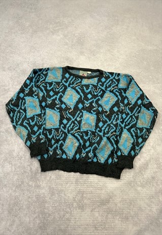 VINTAGE KNITTED JUMPER ABSTRACT PATTERNED GRANDAD SWEATER