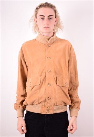 MENS VINTAGE LEATHER SUEDE JACKET LARGE KHAKI 90S