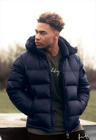 ZIP UP HOOD BIG PUFFER BUBBLE PADDED JACKET - NAVY BLUE
