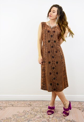 VINTAGE 90S BROWN EMBROIDERED ETHNIC BOHO MIDI DRESS