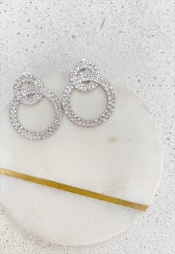 Silver Rhinestone Circle Hoop Diamante Stud  Earrings